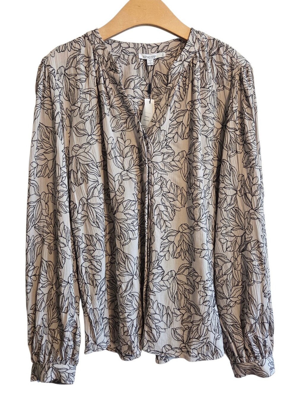 Chico's Billow Sleeve Smokey Taupe Oasis Print Floral Long-Sleeve Blouse Sz 12
